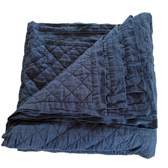 Pottery Barn Other - Pottery Barn Quilt Belgian Flax Linen Navy Blue Diamond Quilted  Full / Queen
